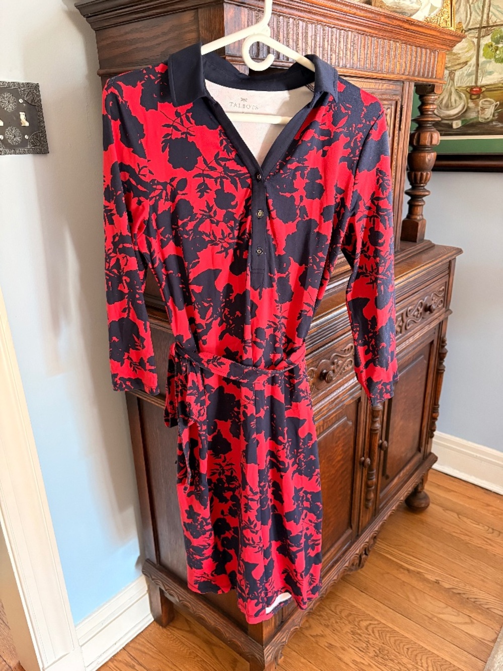 Talbots Performance Fabric Red Navy Blue Floral Wrap Stretch Dress in Medium
